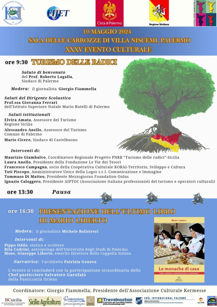 locandina evento associazione kermesse 10 maggio 2024 a villa niscemi sala delle carrozze presentazione libro di mario liberto